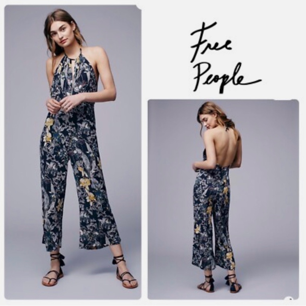 Free People Black Floral Halter Wide Leg Jumpsuit Size